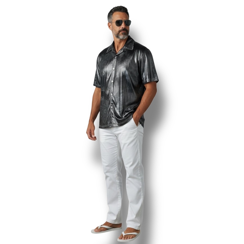 Pop Icon Mens Vintage Short Sleeve Holographic Metallic 70 Disco Rave Shirt L